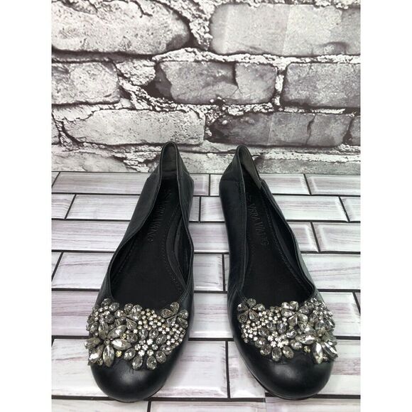 Vera Wang Black Leather Crystal Embellished Ballet Flats Shoes Women sz 5M US/35 - Picture 3 of 16